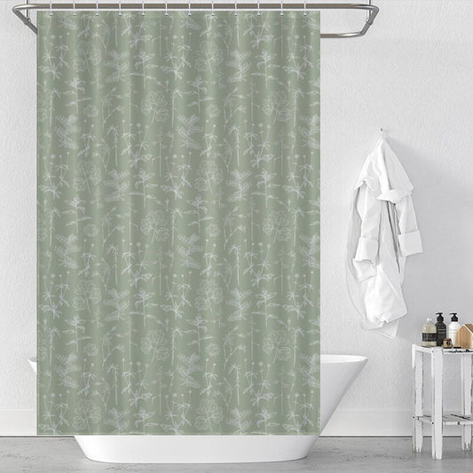 A bathroom with a Boho Retro Sage Green Herbs Flower Shower Curtain-Cottoncat by Cotton Cat, a white bathtub, and a white bathrobe hanging on the wall. Two bottles of toiletries are placed on a small shelf beside the tub.