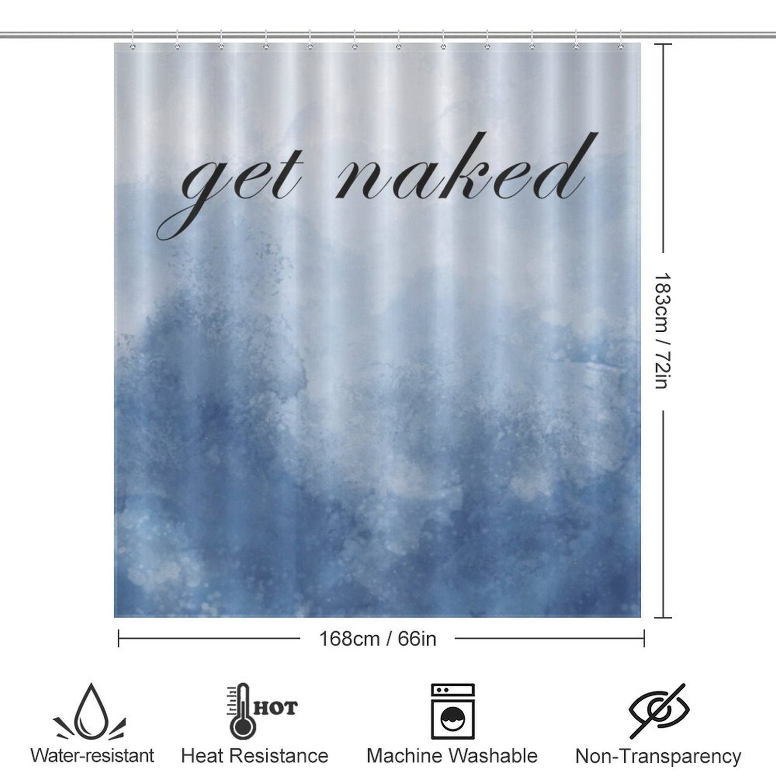 The "Funny Letters Abstract Blue Get Naked Shower Curtain-Cottoncat" with its abstract blue gradient design and funny letters is water-resistant, heat-resistant, machine washable, and non-transparent. Dimensions are 168cm x 183cm.