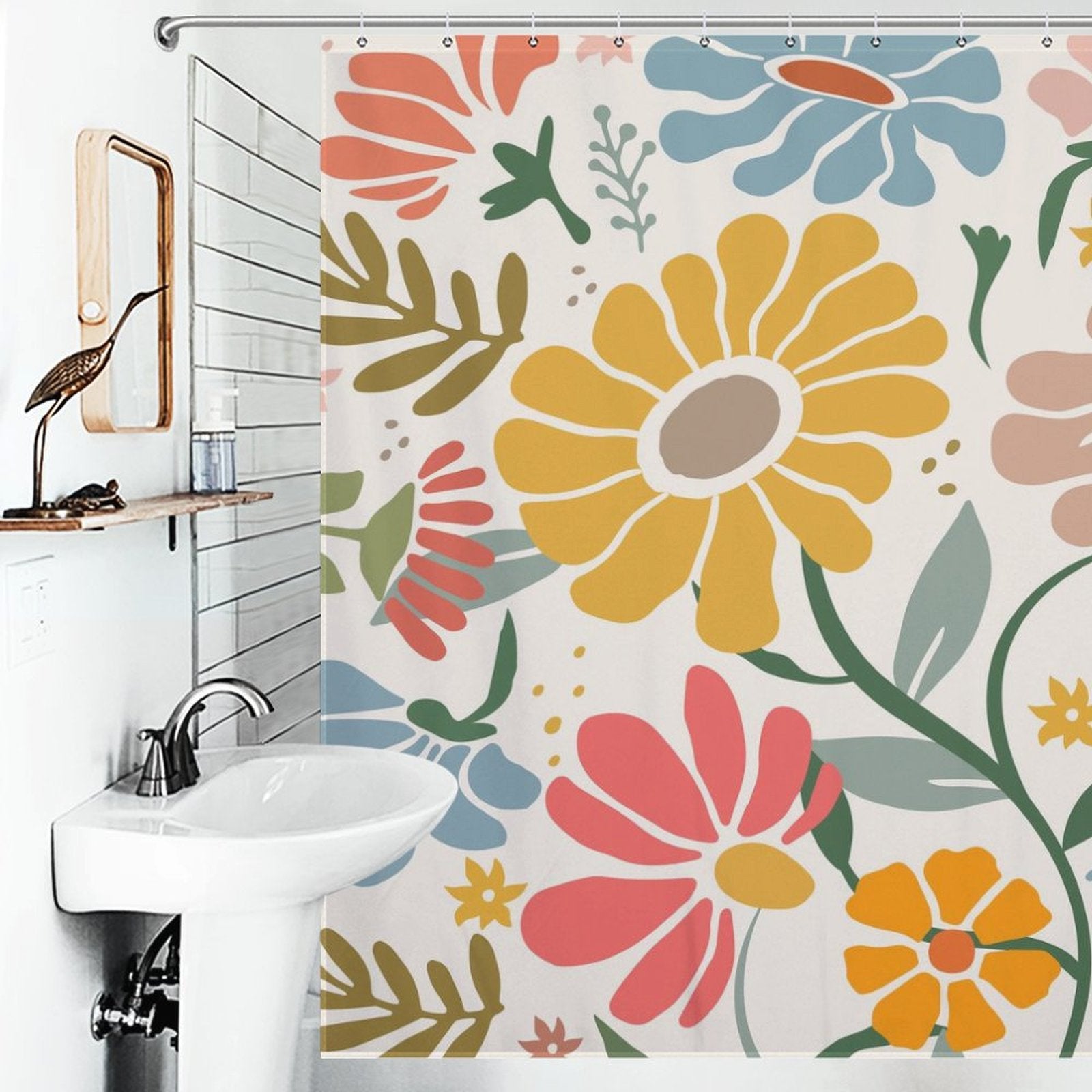 Bathroom with a white sink, a soap dispenser, a mirror, and a Cotton Cat Boho Colorful Yellow Flower Leaves Minimalist Watercolor Art Painting Floral Shower Curtain-Cottoncat.