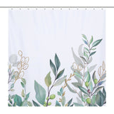 A white botanical shower curtain featuring a pattern of sage green eucalyptus and leaves towards the bottom, designed to be waterproof and mildew-resistant. The product is called **Watercolor Sage Green Eucalyptus Botanical Leaves Shower Curtain-Cottoncat** by **Cotton Cat**.
