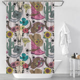 Elevate your bathroom decor with the Boots Cactus Bull Skull Sunflower Rustic Vintage Farmhouse Western Shower Curtain-Cottoncat, featuring rustic vintage farmhouse designs of cowboy hats, boots, cacti, flowers, and horseshoe decorations in a white bathroom from Cotton Cat.