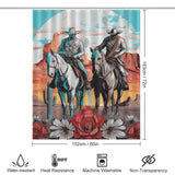 Shower curtain featuring two cowboys riding horses with a desert background and floral details at the bottom. This Cowboy Riding Horses Western Shower Curtain-Cottoncat measures 183 cm x 152 cm, is water-resistant, heat-resistant, machine washable, and non-transparent. Perfect for adding Wild West Bathroom Decor to your space.