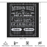 A black shower curtain with white "Bathroom Rules" text and illustrations: "Put it down," "Replace it," "Spray it," "Wipe it," instructions for ladies and gentlemen, and various durability icons below. The Cotton Cat Funny Quotes Shower Curtain Back and White Fable Motto adds a humorous touch while being waterproof and mildew-resistant.