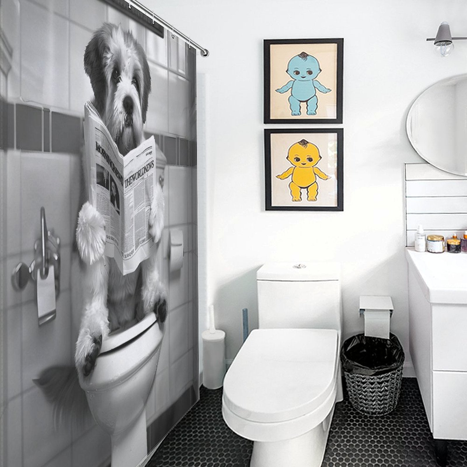 Bathroom with a Cotton Cat Balck and White Funny Read Book Dog Shower Curtain-Cottoncat, depicting a dog reading a newspaper on the toilet. Features toilet, sink, mirror, and framed art of colorful characters on the wall.