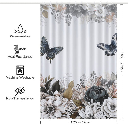 Black White Butterfly Leaf Floral Shower Curtain-Cottoncat by Cotton Cat featuring nature-inspired beauty with dimensions 122 cm by 183 cm. It boasts water-resistant, heat-resistant, non-transparent waterproof fabric and is machine washable.