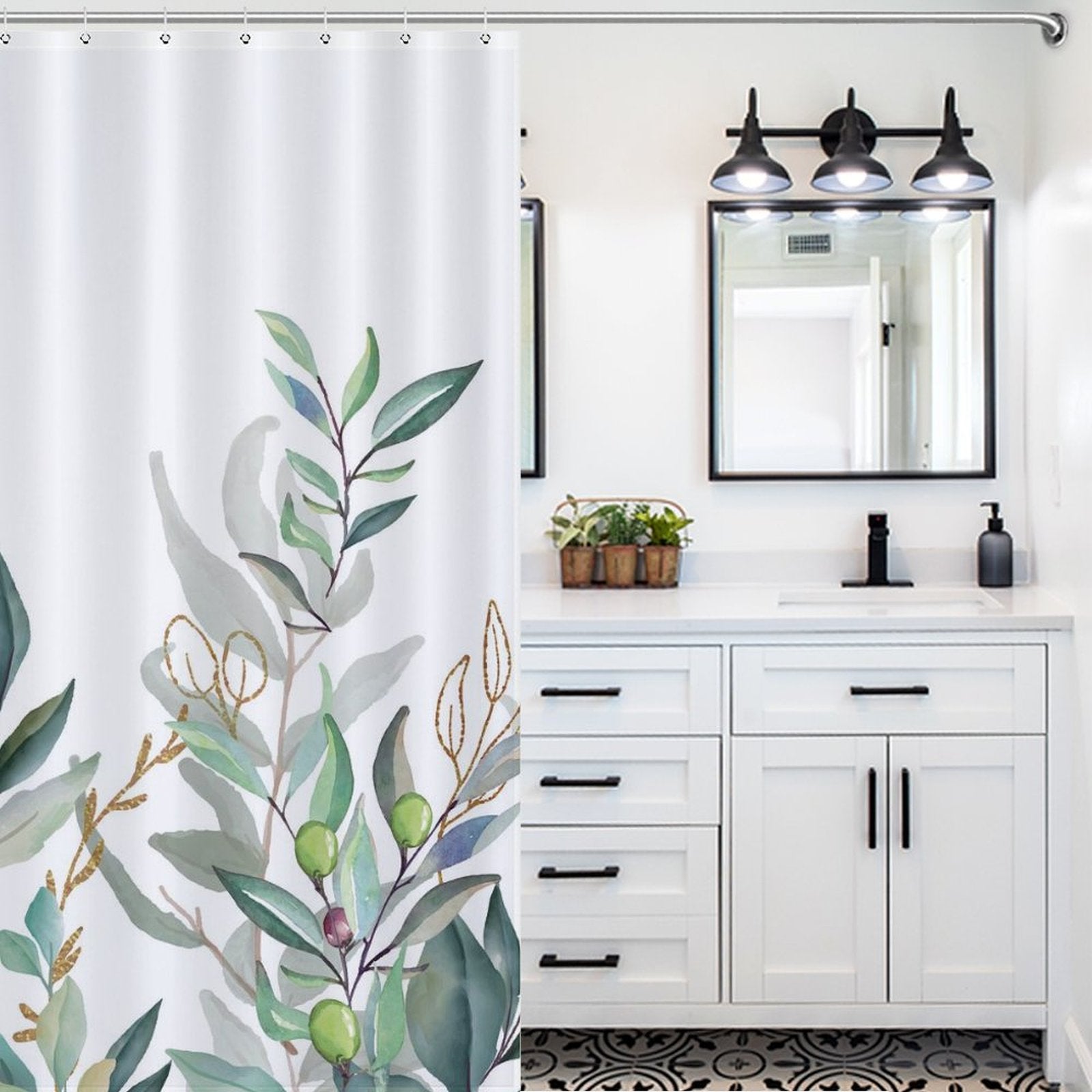 Bathroom with white cabinetry, double sinks, black fixtures, and a patterned tile floor. A Watercolor Sage Green Eucalyptus Botanical Leaves Shower Curtain-Cottoncat by Cotton Cat partially covers the shower area.