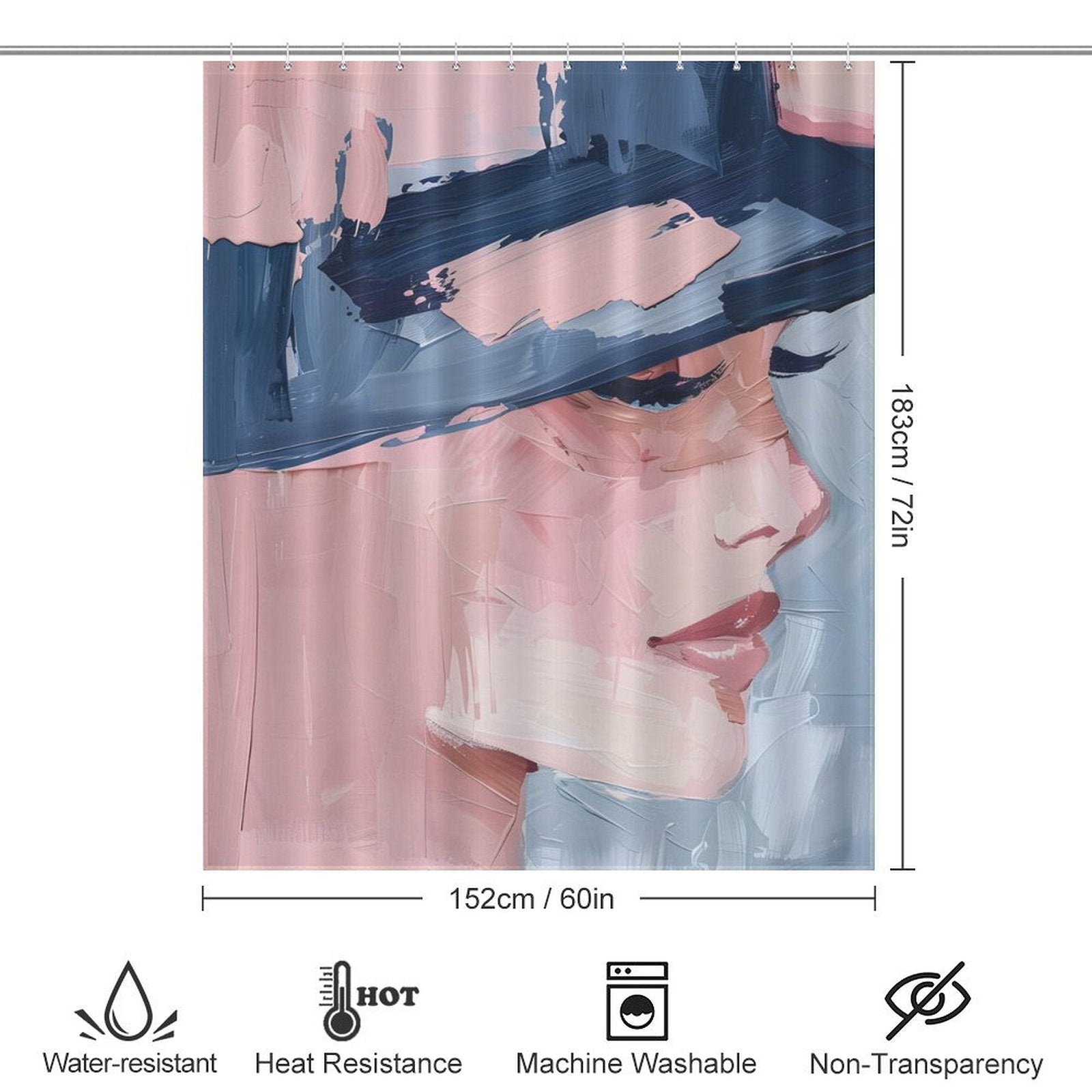 Mid Century Women Face Abstract Aesthetic Oil Painting Modern Art Blush Pink Navy Blue Cream Shower Curtain-Cottoncat by Cotton Cat featuring an abstract aesthetic oil painting of a woman's face wearing a hat in blush pink, navy blue, and cream. Curtain dimensions are 152 cm by 183 cm. Icons indicate it is water-resistant, heat-resistant, machine washable, and non-transparent.