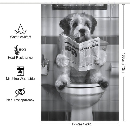 A Balck and White Funny Read Book Dog Shower Curtain-Cottoncat by Cotton Cat features a funny dog sitting on a toilet while holding a newspaper. The left side has icons indicating water resistance, heat resistance, machine washable, and non-transparency.