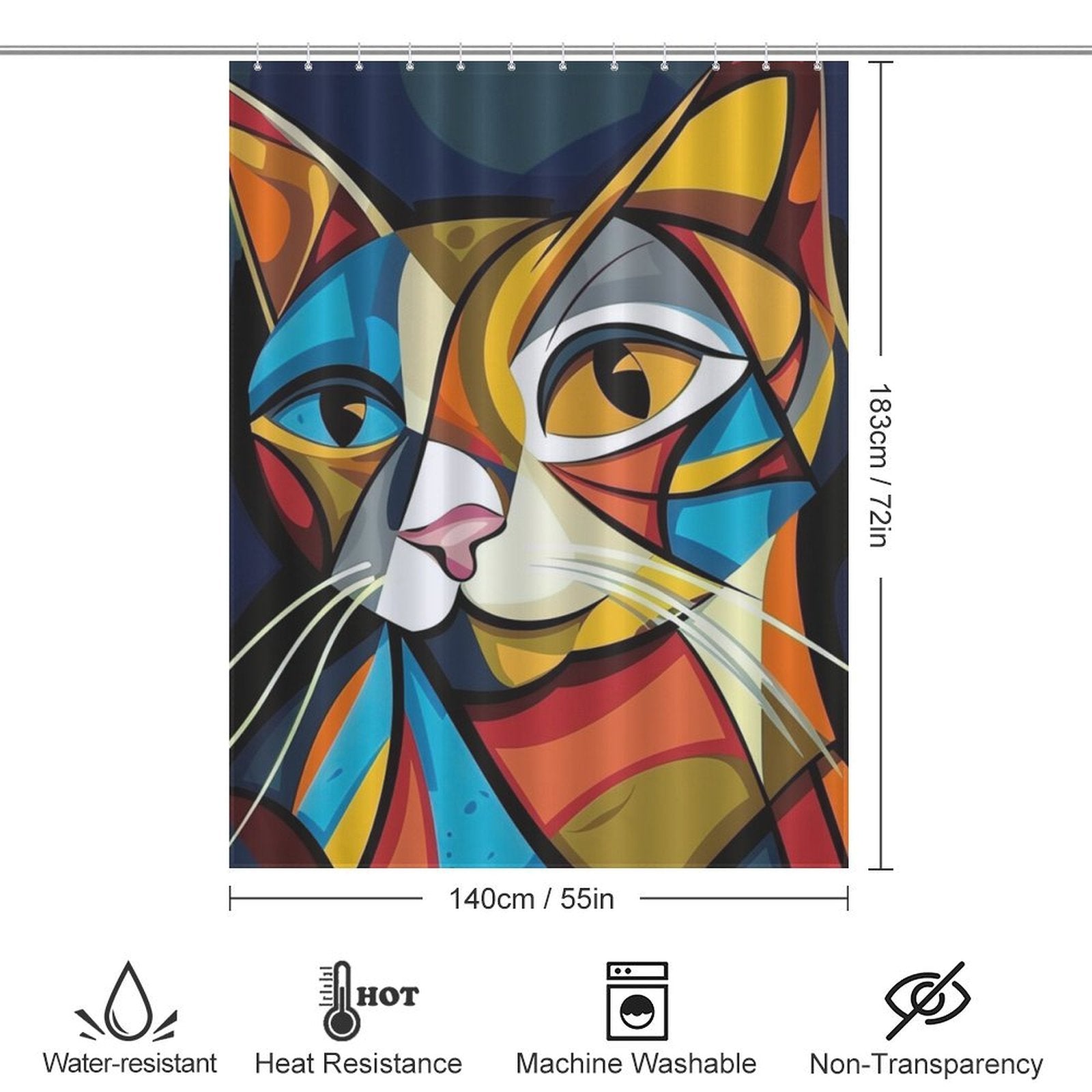 Abstract Geometric Vintage Colorful Modern Art Minimalist Mid Century Cat Shower Curtain-Cottoncat by Cotton Cat measuring 183 cm by 140 cm with water-resistant, heat-resistant, machine washable, and non-transparent features.