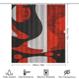 A red, black, and white patterned shower curtain with dimensions of 183 cm by 168 cm is shown. This Cotton Cat Mid Century Modern Geometric Art Minimalist Grey Red and Black Abstract Shower Curtain-Cottoncat is water-resistant, heat-resistant, machine washable, and non-transparent.