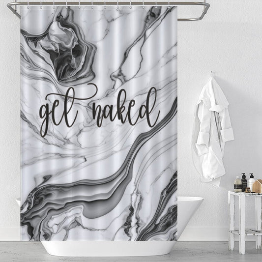 A white bathroom features a Funny Letters Black and White Marble Get Naked Shower Curtain-Cottoncat by Cotton Cat. A white robe hangs on the wall, and various toiletries are neatly arranged on a shelf beside the tub.