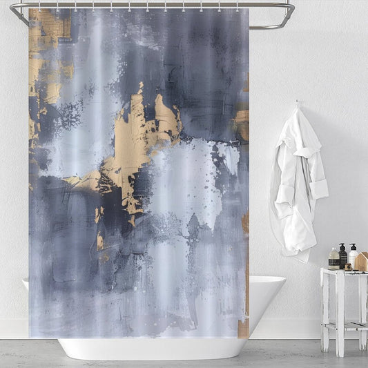 Grey and Gold Watercolor Abstract Modern Art White Silver Strokes Shower Curtain-Cottoncat by Cotton Cat hanging in a sleek bathroom with a towel, bath products, and a white stool.