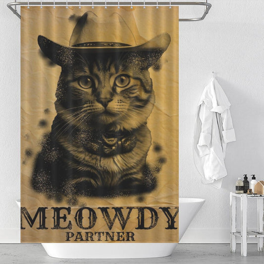 Shower curtain featuring a cowboy cat with the words "MEOWDY PARTNER" written below. In the background, there are bathroom essentials on a ledge and a white towel hanging. Perfect for adding some funny bathroom decor, this Funny Cowboy Cool Meowdy Partner Cat Shower Curtain-Cottoncat is sure to bring smiles. Brought to you by Cotton Cat.