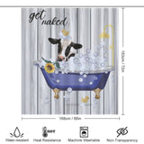 The Funny Cow Sunflowers Get Naked Shower Curtain-Cottoncat features a funny cow in a blue bathtub filled with bubbles, accompanied by rubber ducks and a vibrant sunflower. Icons below highlight its water resistance, heat resistance, and other notable features. Perfect for adding charm to your bathroom décor!