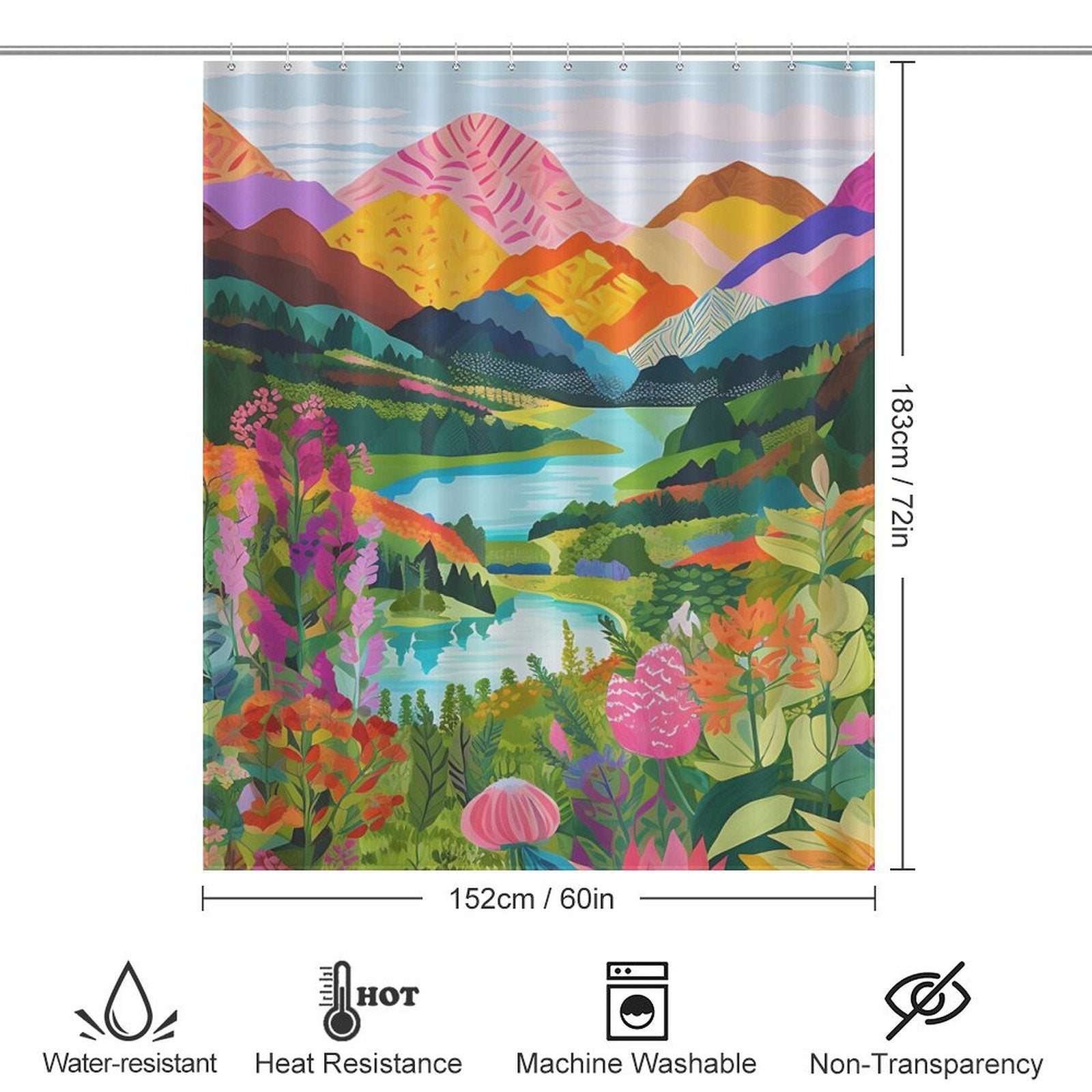 Nature Forest Lake Watercolor Art Painting Landscape Colorful Green Mountain Abstract Shower Curtain-Cottoncat by Cotton Cat, measuring 183cm by 152cm. Features water-resistant, heat-resistant, machine washable, and non-transparent qualities.