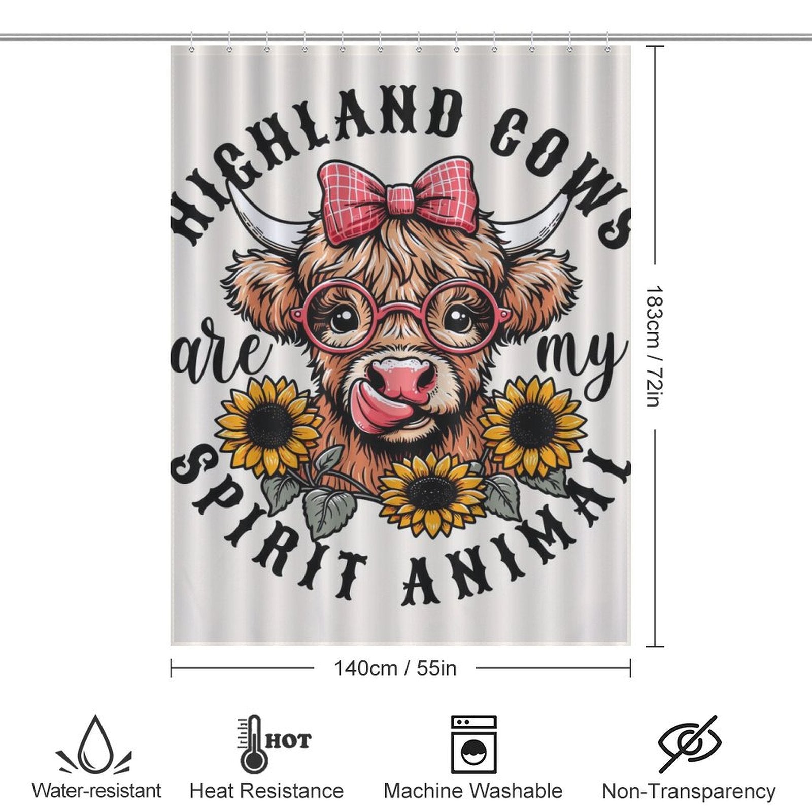 This Cute Sunflower Glasses Highland Cow Shower Curtain-Cottoncat is perfect for bathroom decor, featuring a cute cartoon Highland cow with glasses and a bow, surrounded by sunflowers. The text reads "Highland cows are my spirit animal." Icons note it's water-resistant, heat-resistant, machine washable, and non-transparent.

