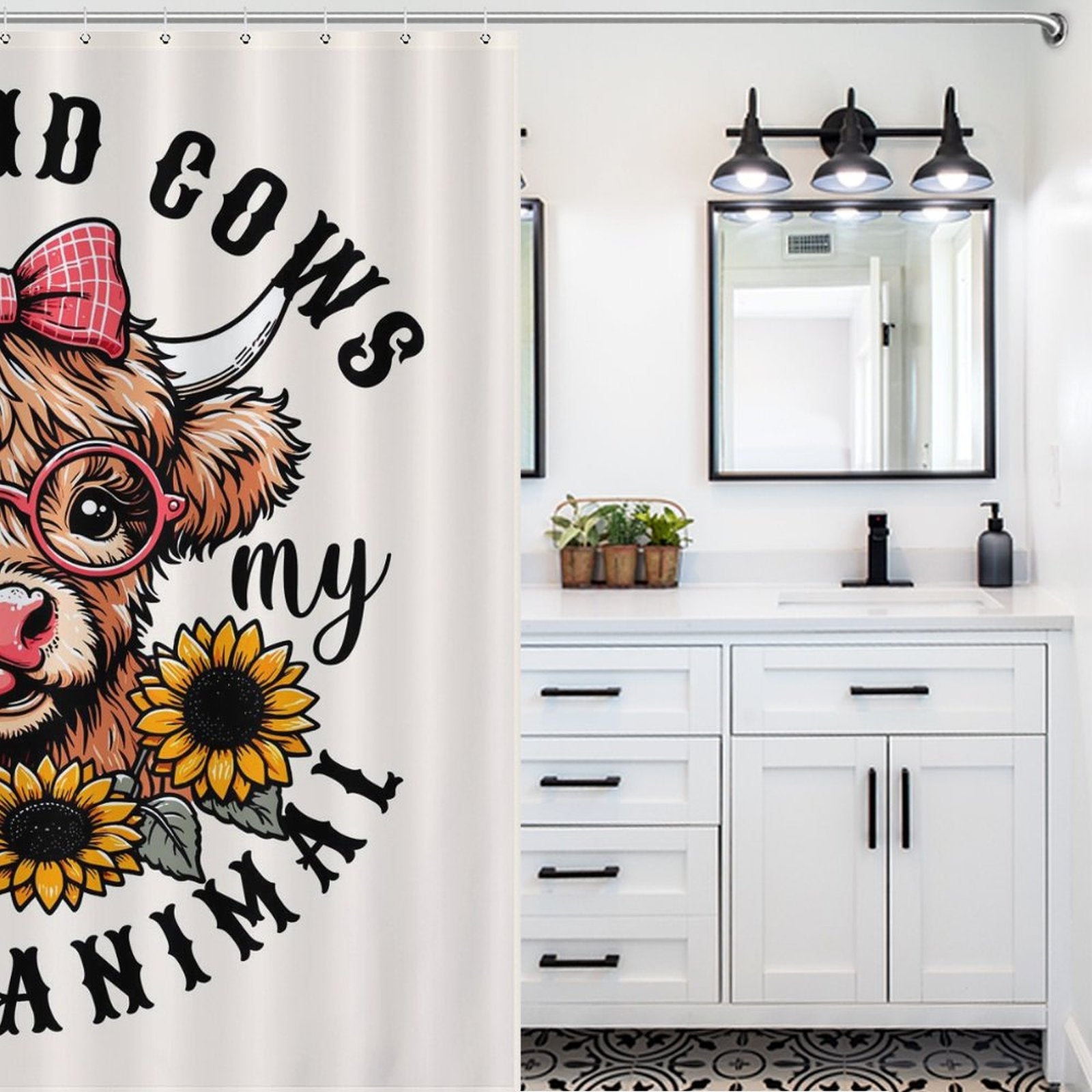 Bathroom with a white vanity, black fixtures, and a Cute Sunflower Glasses Highland Cow Shower Curtain-Cottoncat by Cotton Cat featuring a cow wearing glasses and a bow, surrounded by sunflowers. This whimsical bathroom decor adds charm and character with its playful design on waterproof fabric.