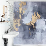 A bathroom with a white sink, a rectangular mirror with a bird figurine, and a Grey and Gold Watercolor Abstract Modern Art White Silver Strokes Shower Curtain-Cottoncat by Cotton Cat that is also waterproof and mildew-resistant.