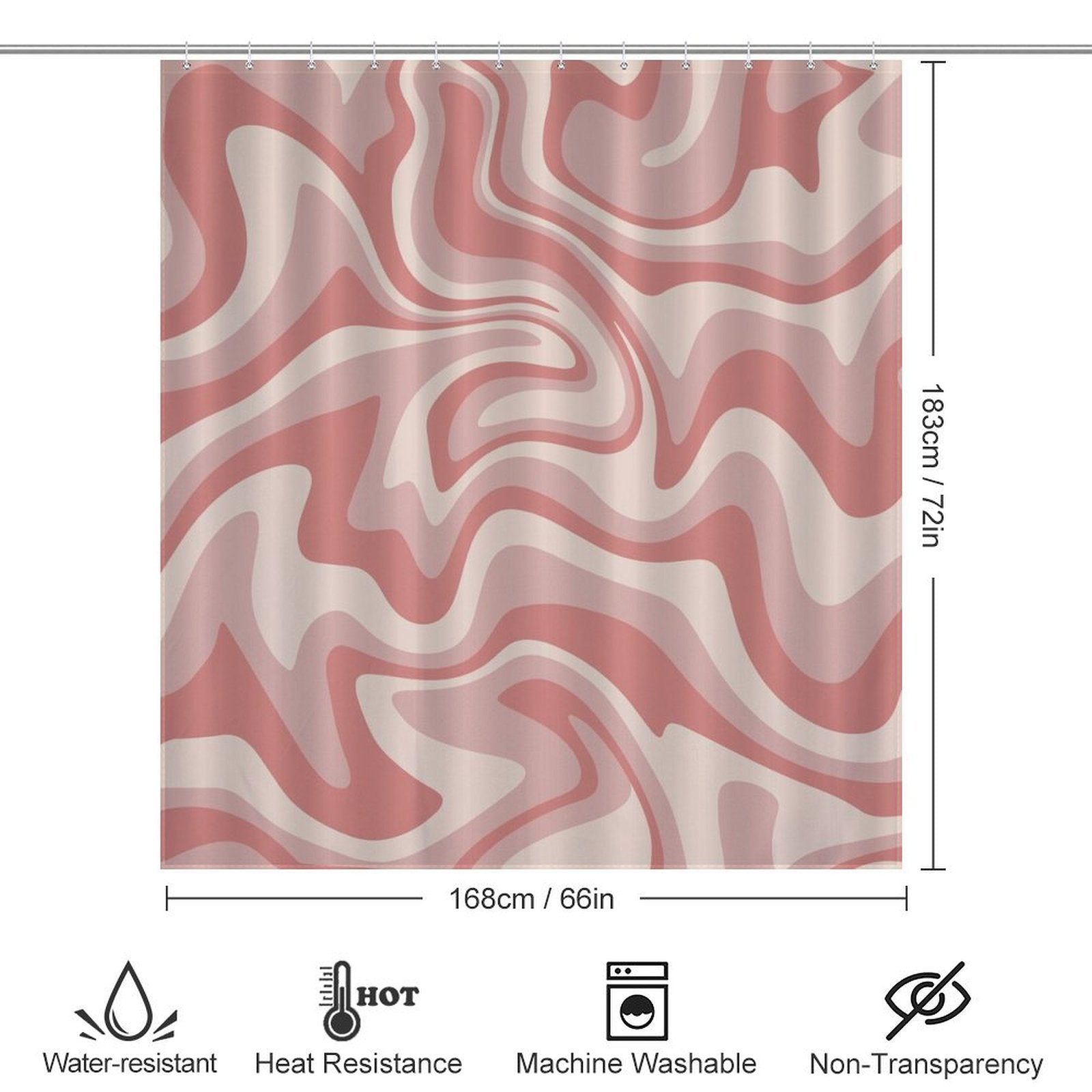 A Cotton Cat Vintage Modern Wave 70s Cute Wavy Swirl Retro Pink Abstract Shower Curtain-Cottoncat with a Retro Pink Abstract wavy pattern is shown. Below the curtain, icons indicate it is water-resistant, heat-resistant, machine washable, non-transparent, and dimensioned at 183 cm by 168 cm.