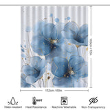 A 72x60 inch shower curtain adorned with large blue and gold flowers. Reflecting abstract modern art, its features include water resistance, heat resistance, machine washability, and non-transparency. This is the Abstract Modern Art Blue Flower Minimalist Watercolor Blue Floral Shower Curtain-Cottoncat by Cotton Cat.