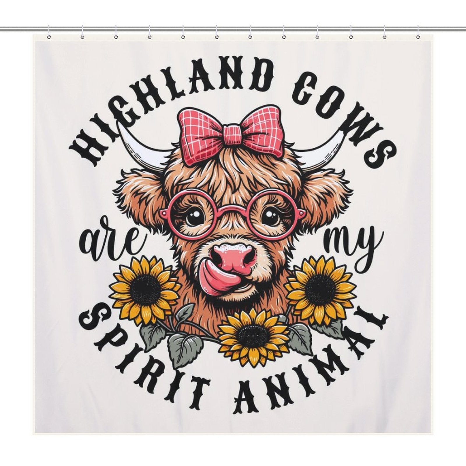 Highland cow shower curtain featuring a cute illustration of a Highland cow wearing glasses and a bow, surrounded by sunflowers, with the text "Highland cows are my spirit animal is now available as the Cute Sunflower Glasses Highland Cow Shower Curtain-Cottoncat by Cotton Cat.