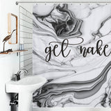 Bathroom with a white sink, mirror, and a Funny Letters Black and White Marble Get Naked Shower Curtain-Cottoncat from Cotton Cat.
