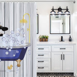 Bathroom with white cabinetry, black hardware, and a patterned tile floor. There is a Cotton Cat Funny Cow Sunflowers Get Naked Shower Curtain-Cottoncat depicting a cat in a bubble-filled bathtub with a shower head and a yellow rubber duck.