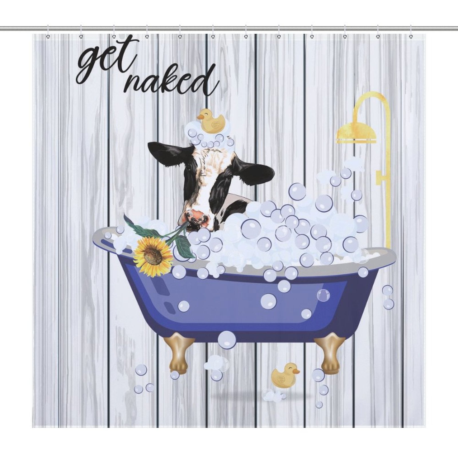 A cow in a bubble bath with rubber ducks in a purple bathtub against a wood panel background, complemented by a cheerful Funny Cow Sunflowers Get Naked Shower Curtain-Cottoncat by Cotton Cat and the words "get naked" above.