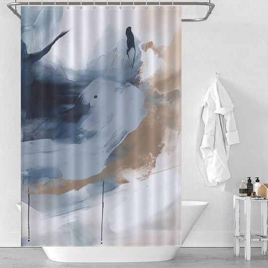 A bathroom with a white bathtub, a Modern Wall Art Oil Painting Navy Blue Abstract Shower Curtain-Cottoncat by Cotton Cat in shades of blue, white, and brown, and a white towel hanging on a hook. Bath products are visible on the tub's edge.