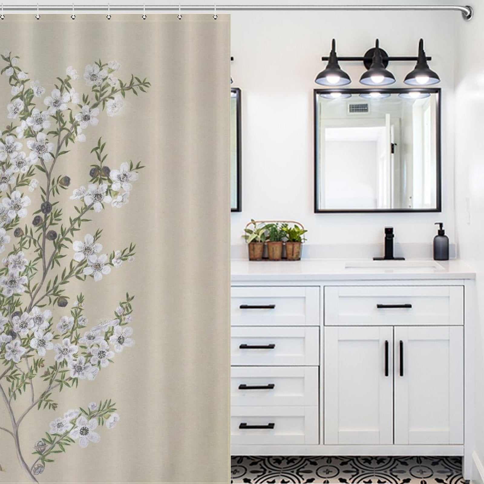 A nature-themed bathroom featuring a Retro Green Flower Shower Curtain-Cottoncat by Cotton Cat, white vanity with double sinks, black fixtures, two mirrors, and potted plants.