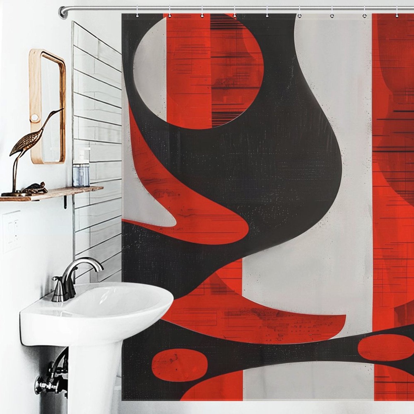 Bathroom with a white sink and a decorative bird figurine on a wall-mounted shelf. The shower curtain, featuring the Mid Century Modern Geometric Art Minimalist Grey Red and Black Abstract Shower Curtain-Cottoncat, perfectly complements the Mid Century Modern aesthetic.
