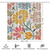 Boho Colorful Yellow Flower Leaves Minimalist Watercolor Art Painting Floral Shower Curtain-Cottoncat featuring watercolor art painting of colorful flower prints and green leaves. Measures 183 cm in height and 168 cm in width. It is water-resistant, heat-resistant, machine washable, and non-transparent by Cotton Cat.