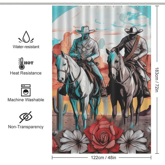 A Western-themed bathroom piece, the Cowboy Riding Horses Western Shower Curtain-Cottoncat by Cotton Cat features two cowboys riding horses amidst desert scenery and cacti. Icons indicate water resistance, heat resistance, machine washable, non-transparency, and dimensions: 122cm x 183cm.