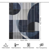 A Cotton Cat Geometric Deep Blue Abstract Art Mid-Century Modern Style Shower Curtain with a mid-century modern geometric design in black, white, and gray. Dimensions: 183 cm by 152 cm (72 in by 60 in). Features icons indicating it is water-resistant, heat-resistant, machine washable, and non-transparent.