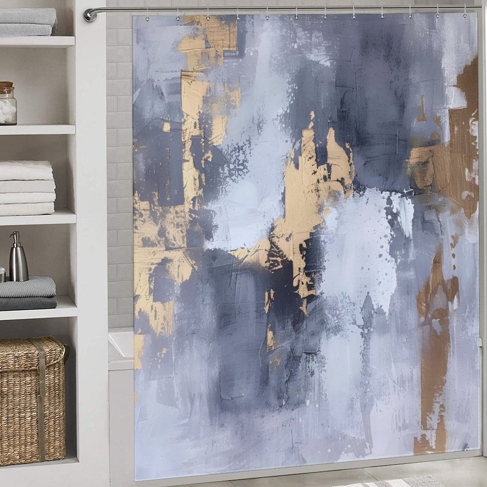 A bathroom with a Grey and Gold Watercolor Abstract Modern Art White Silver Strokes Shower Curtain-Cottoncat. The waterproof and mildew-resistant shower curtain is hung on a silver rod. Towels and woven baskets are neatly arranged on shelves nearby.