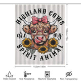 A Cotton Cat Cute Sunflower Glasses Highland Cow Shower Curtain featuring a cartoon highland cow with glasses and a bow, surrounded by sunflowers. Text reads "Highland cows are my spirit animal." Perfect for adding some whimsical flair to your nature-inspired bathroom decor. Dimensions and care icons are also shown.