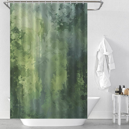 A bathroom with an Olive Green Emerald Green Plant Patterns Abstract Shower Curtain-Cottoncat, a white bathtub, white towels on a hook, and bathroom essentials on a small shelf.