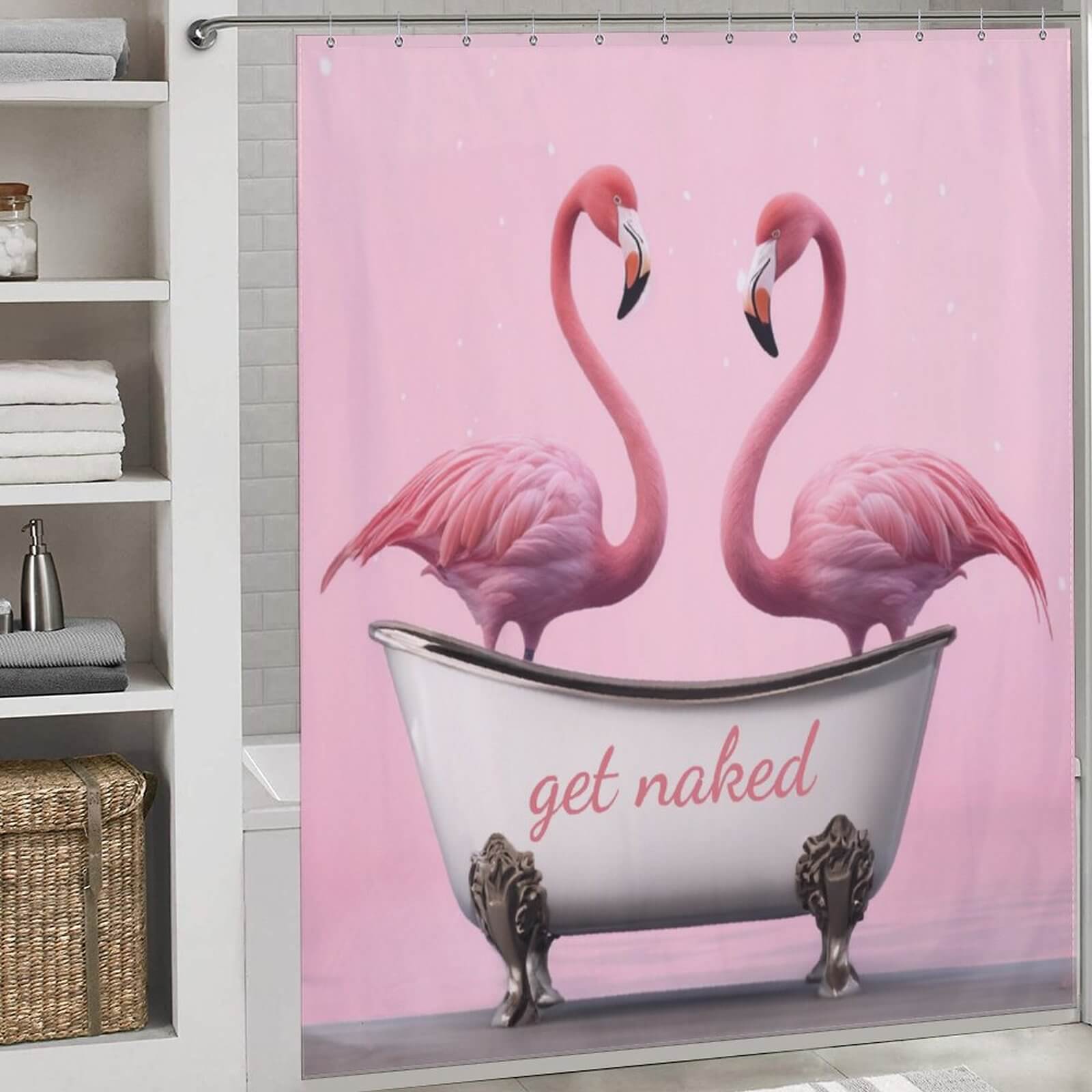 This Get Naked Flamingo Shower Curtain by Cotton Cat is both waterproof and perfect for adding a touch of tropical charm to your bathroom decor.