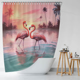 This Ocean Beach Flamingo Shower Curtain-Cottoncat from Cotton Cat features two flamingos in the water at sunset, creating a tropical paradise vibe.