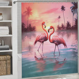 Transform your bathroom into a tropical paradise with the Ocean Beach Flamingo Shower Curtain-Cottoncat by Cotton Cat. Watch as two elegant flamingos gracefully wade through the water against a breathtaking sunset backdrop. Perfect for adding a touch of beauty to your bathroom.