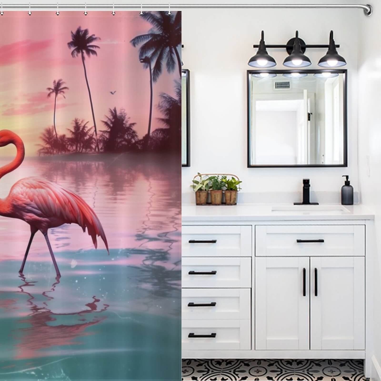 Transform your bathroom into a tropical paradise with the Ocean Beach Flamingo Shower Curtain-Cottoncat by Cotton Cat.