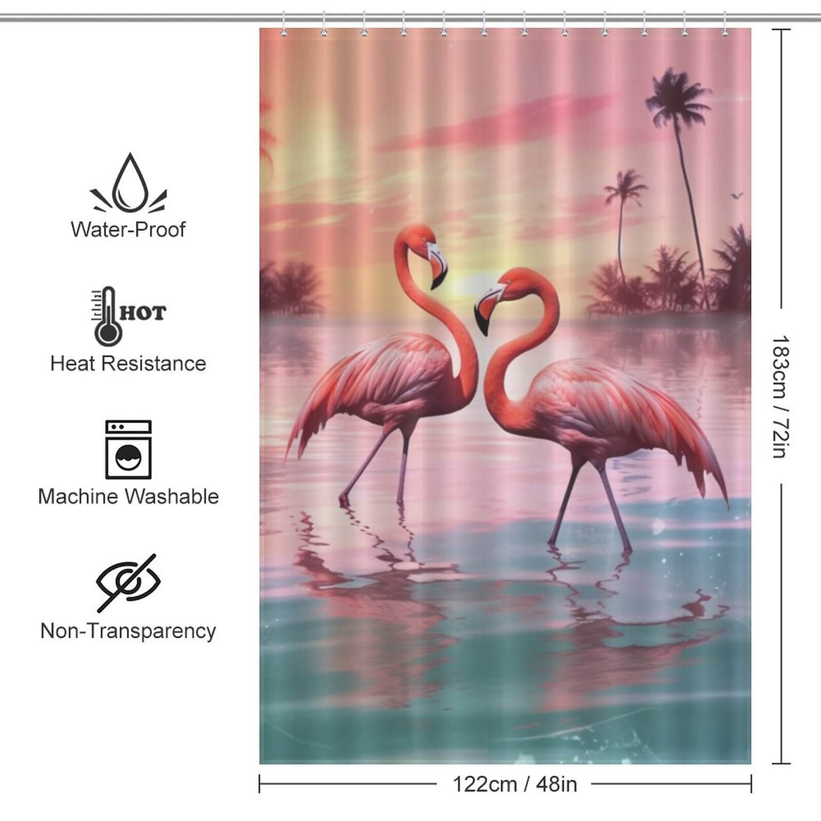 Immerse yourself in a tropical paradise with the Ocean Beach Flamingo Shower Curtain-Cottoncat from Cotton Cat, featuring two elegantly poised flamingos in the water.