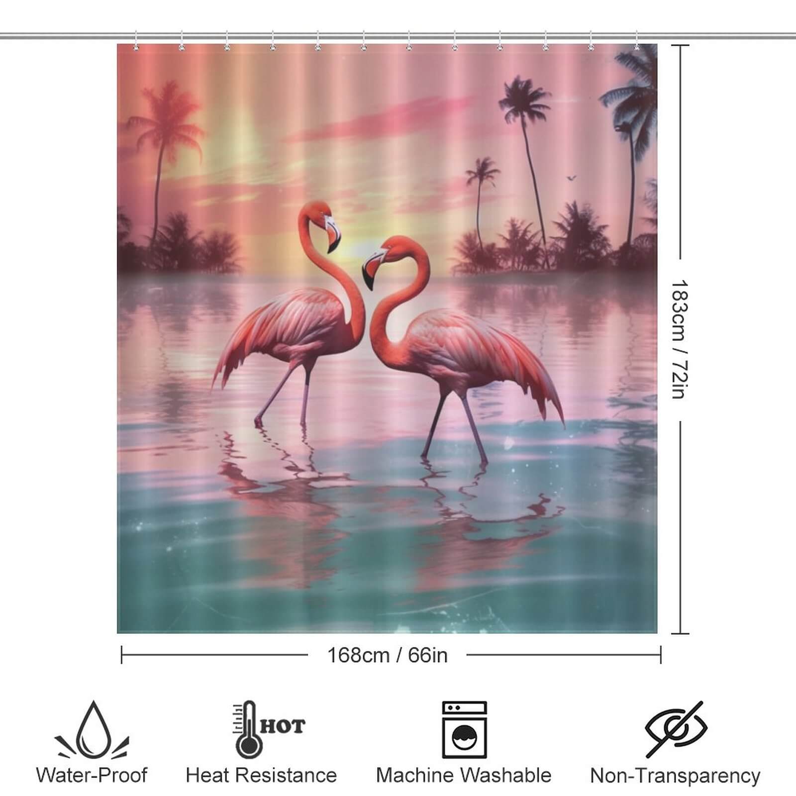 A waterproof Ocean Beach Flamingo Shower Curtain-Cottoncat captures the essence of a tropical paradise, featuring two flamingos gracefully standing in the water at sunset.