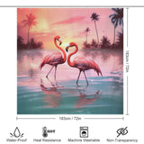 Two Ocean Beach Flamingo Shower Curtains from Cotton Cat standing in the water at sunset, creating a tropical paradise scene.
