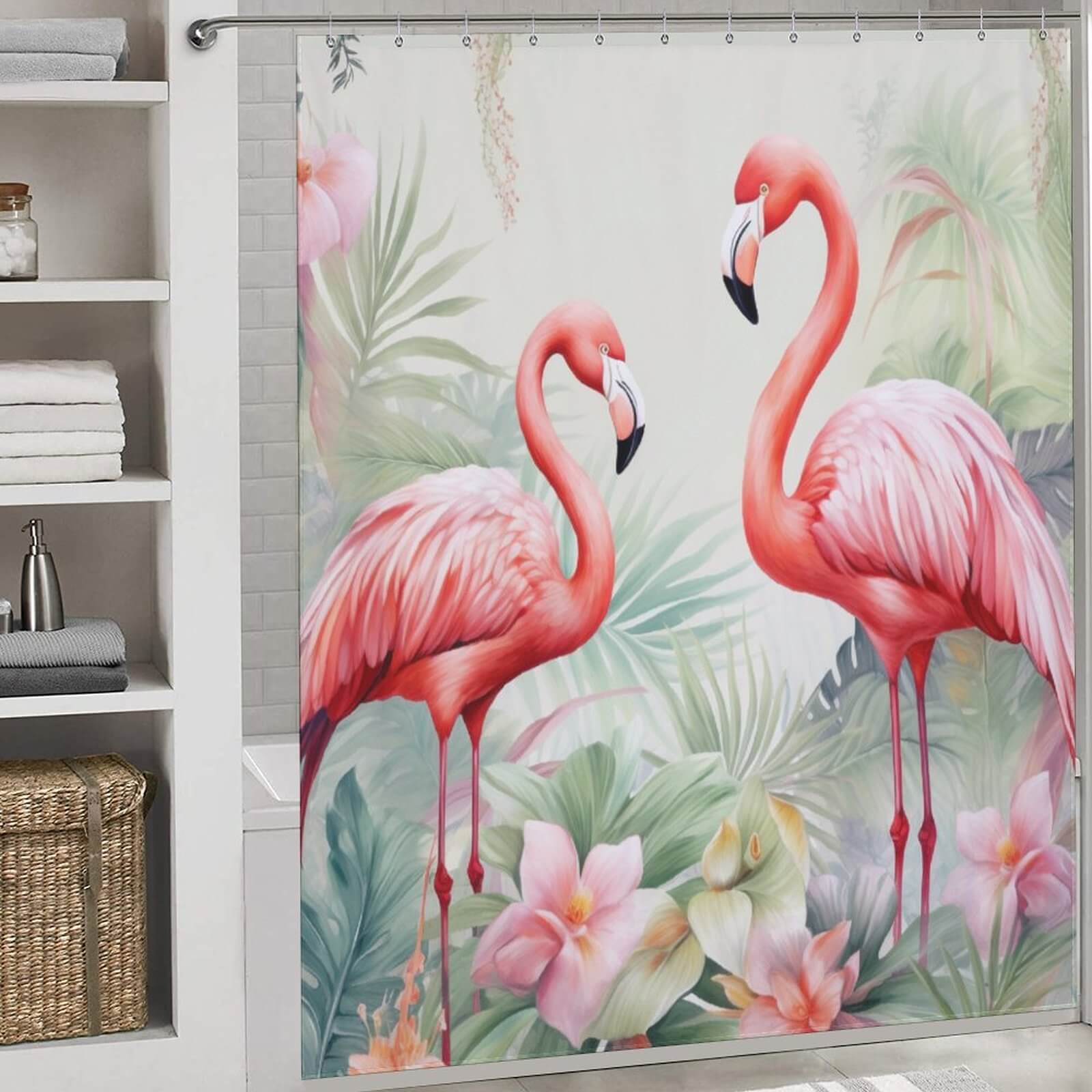 This Tropical Flamingo Shower Curtain by Cotton Cat adds a touch of flair to any bathroom decor with its vibrant pink flamingo design.