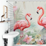 A Tropical Flamingo Shower Curtain featuring two pink flamingos by Cotton Cat.