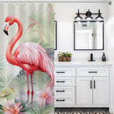 A tropical bathroom with a Tropical flamingo Shower Curtain-Cottoncat from the brand Cotton Cat.