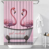 This waterproof polyester Get Naked Flamingo Shower Curtain by Cotton Cat showcases two pink flamingos in a bathtub.