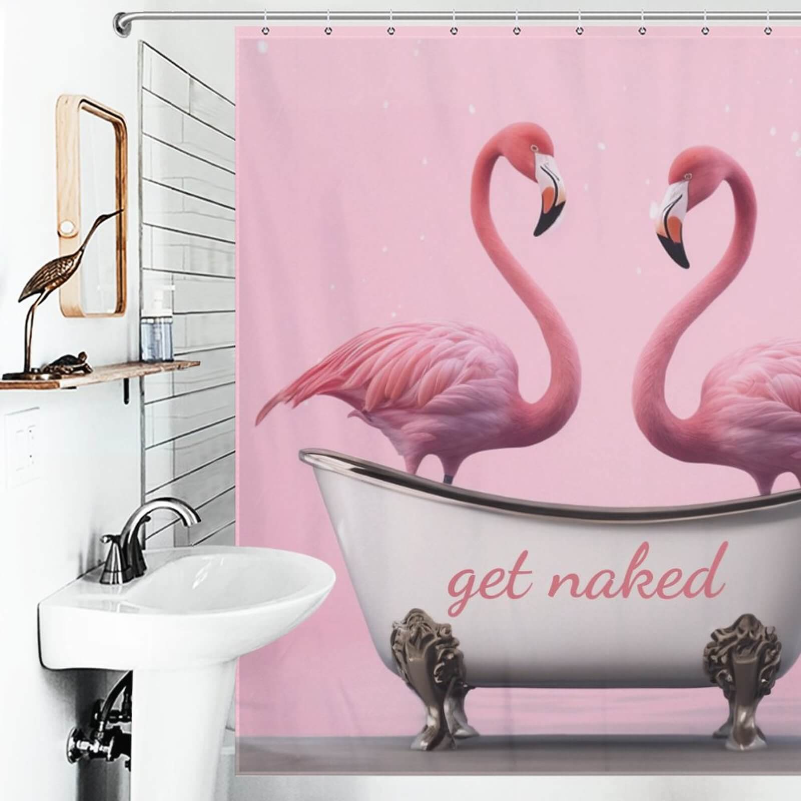 A Get Naked Flamingo Shower Curtain-Cottoncat from Cotton Cat featuring two pink flamingos.