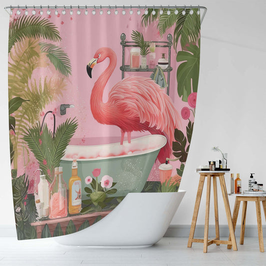 Waterproof Boho Tropical Flamingo shower curtain by Cotton Cat for your bathroom.